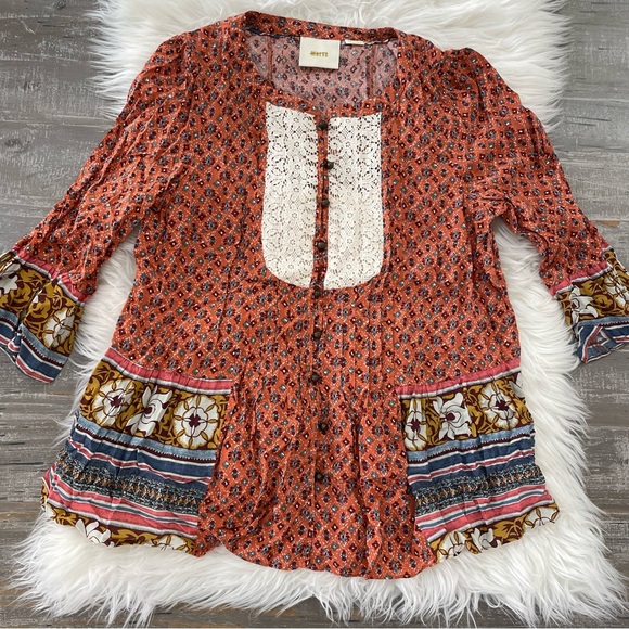 Anthropologie Maeve Hiver Flowy Peasant Blouse Top Size 6 Lace Trim Boho - Picture 5 of 7